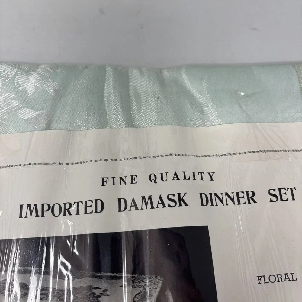 Vtg Japan Damask Tablecloth 60x90 8 Napkins Floral Park Mint Green Lt Aqua NOS